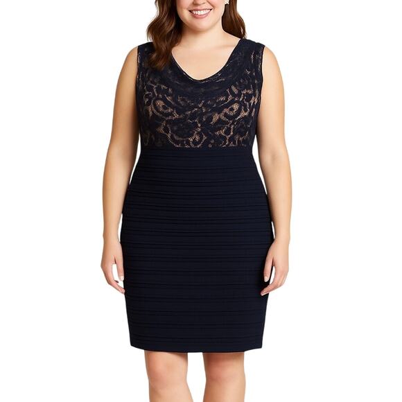 Adrianna Papell Plus Size 14W Drape Neck Banded Dress Black Lace Bodice Cocktail - Picture 1 of 12